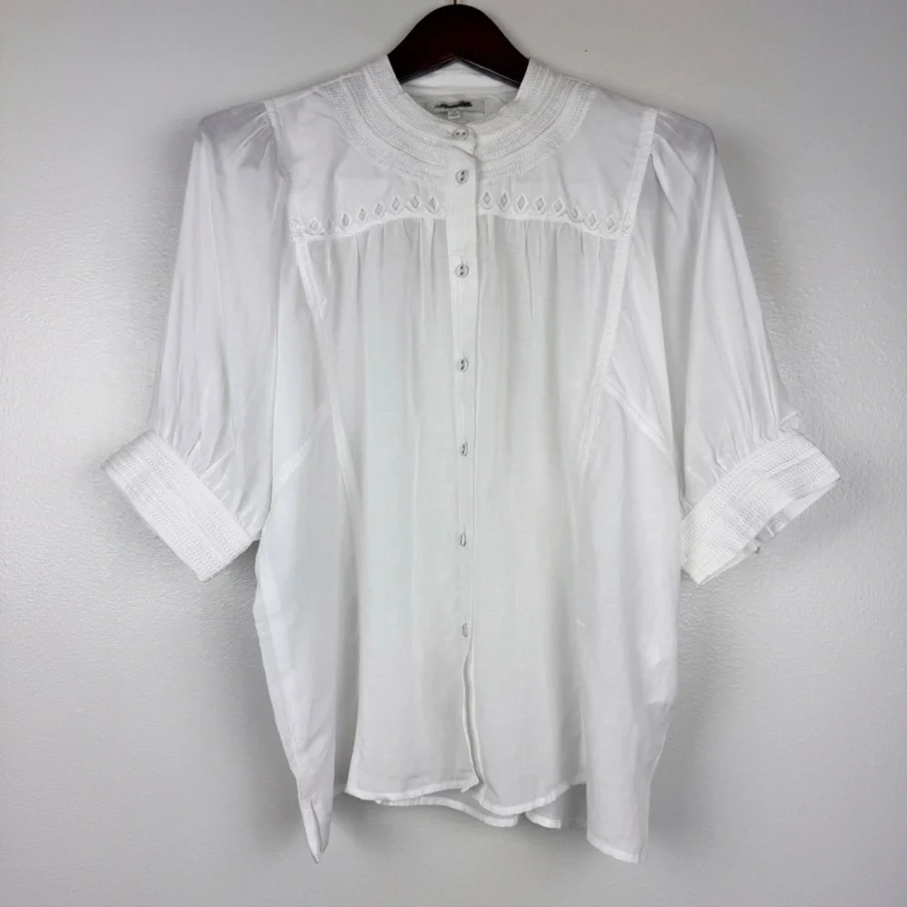 Madewell Puff-Sleeve Band-Collar Lightweight Shirt White Size 10/L NWT